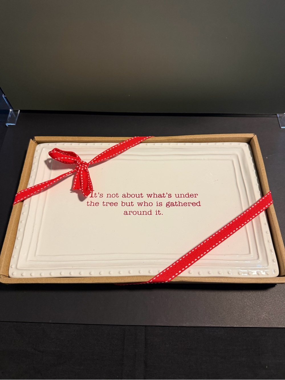 Mud Pie Ceramic Holiday Serving Tray - White with Red Script